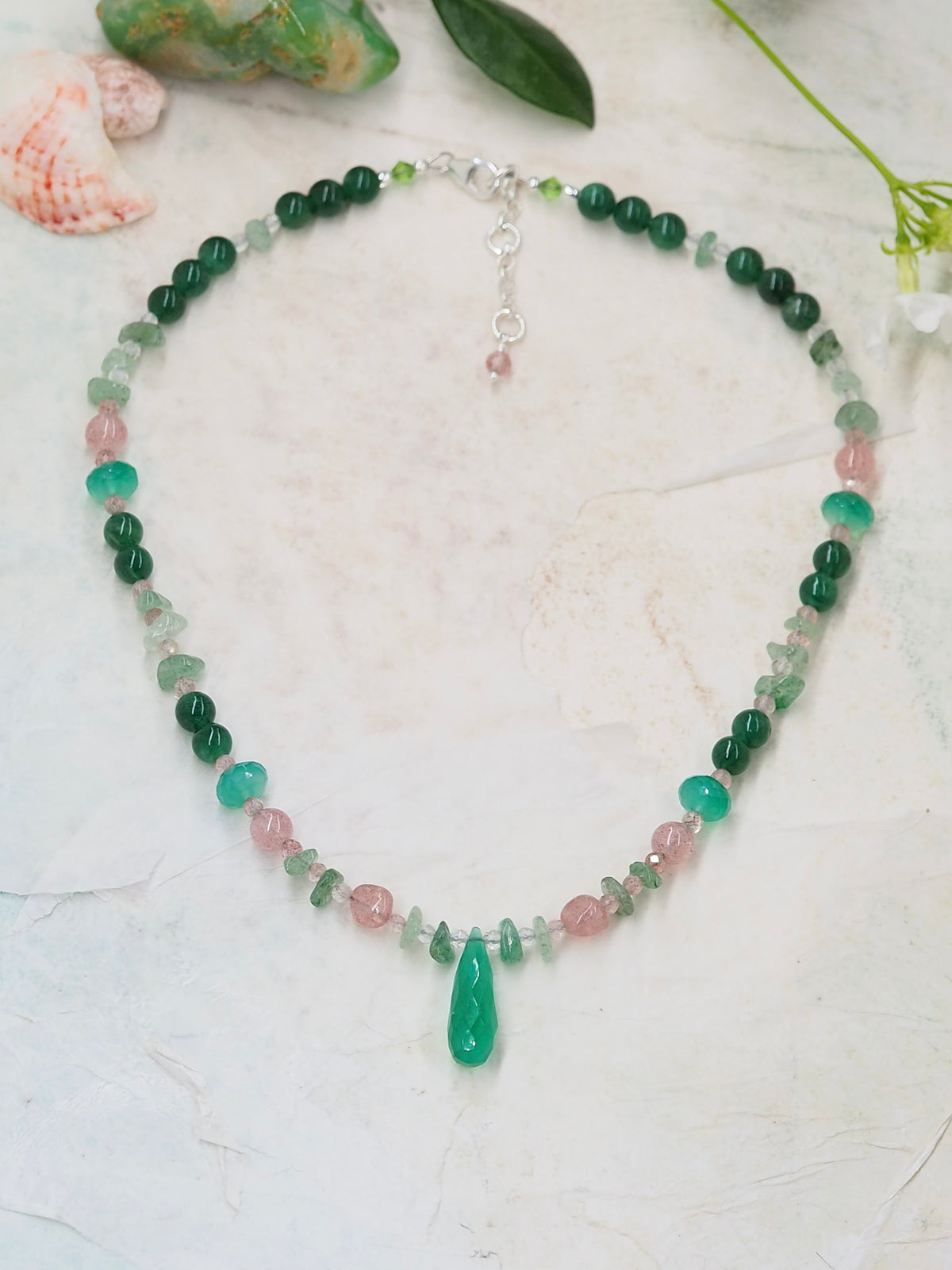 Green Onyx, Strawberry Quartz, Peridot and Fuschite Pendant Necklace