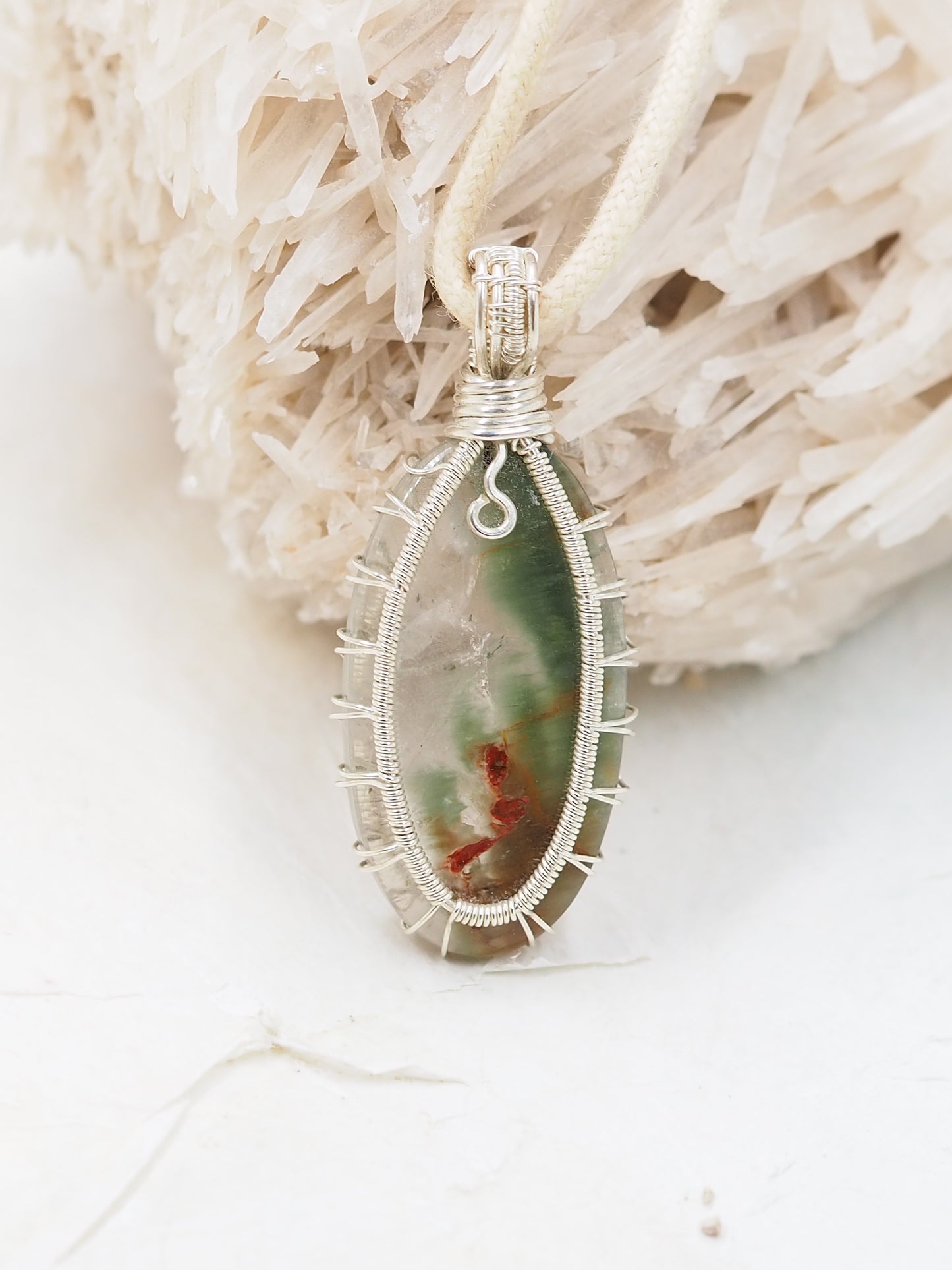 Green Phantom Quartz with Hematite Cabochon Pendant
