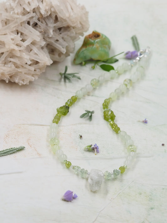 Green Quartz Crystal Pendant Necklace with Peridot & Serpentine