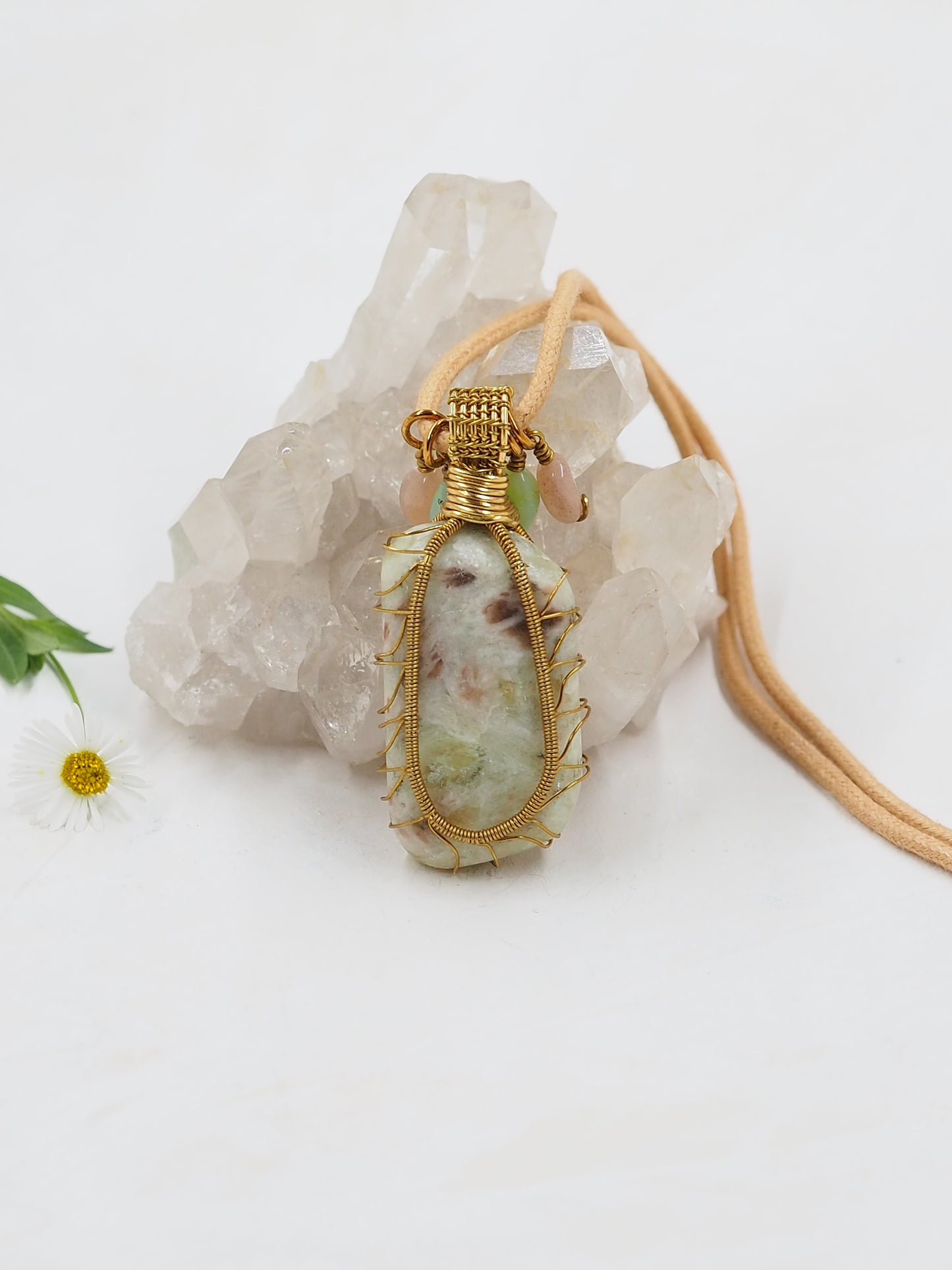 Green Sunstone & Brass Reversible Handmade Pendant