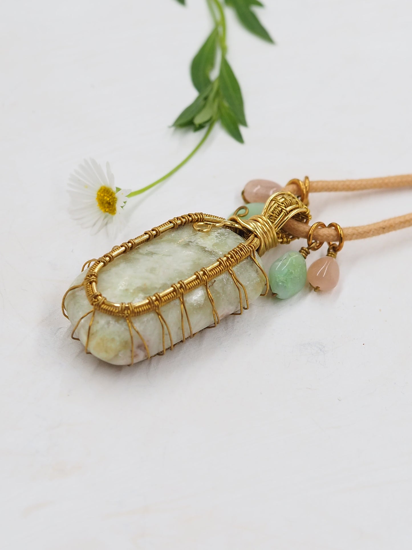 Green Sunstone & Brass Reversible Handmade Pendant