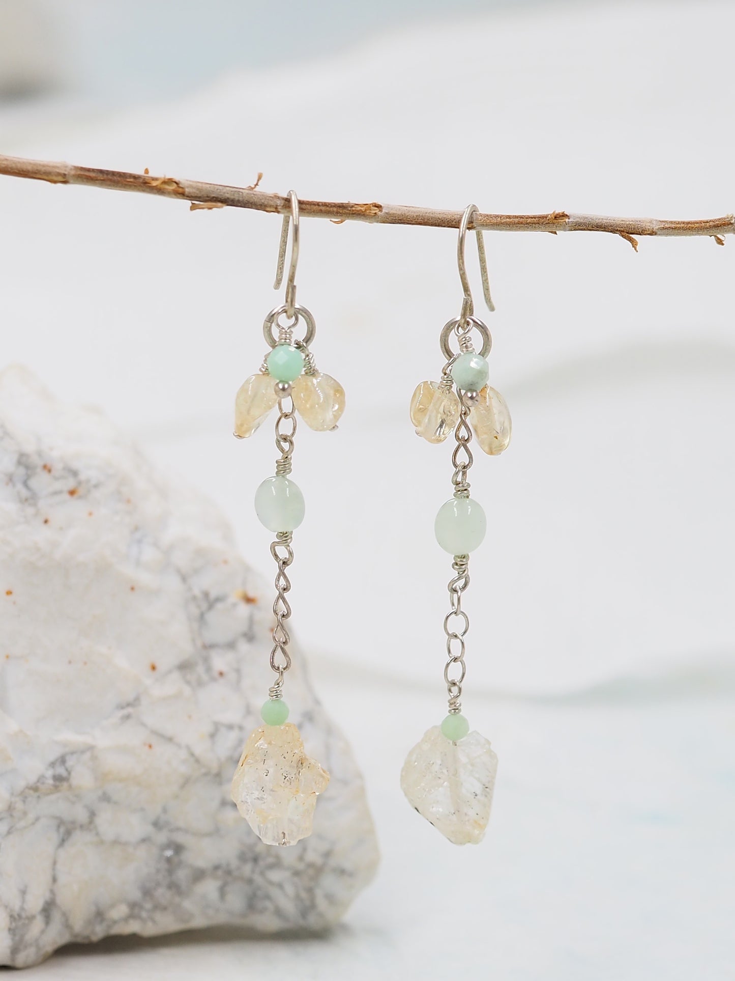 OOAK Golden Topaz, Citrine & Chrysoprase Long Drop Sterling Silver Earrings