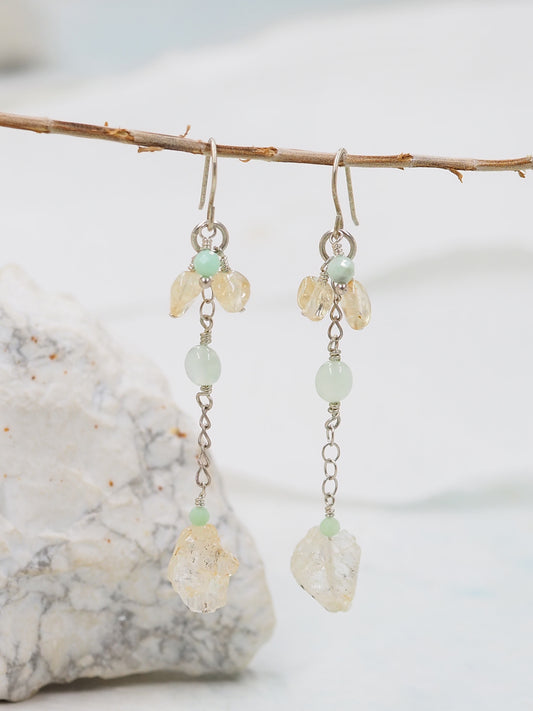 OOAK Golden Topaz, Citrine & Chrysoprase Long Drop Sterling Silver Earrings
