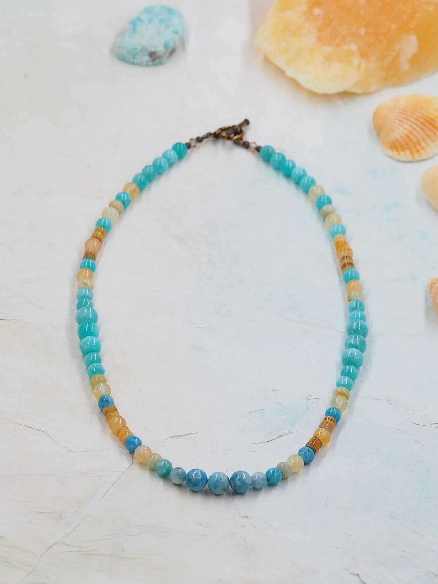 Amazonite, Hemimorphite & Golden Healer Quartz Beaded Necklace, Standard Length