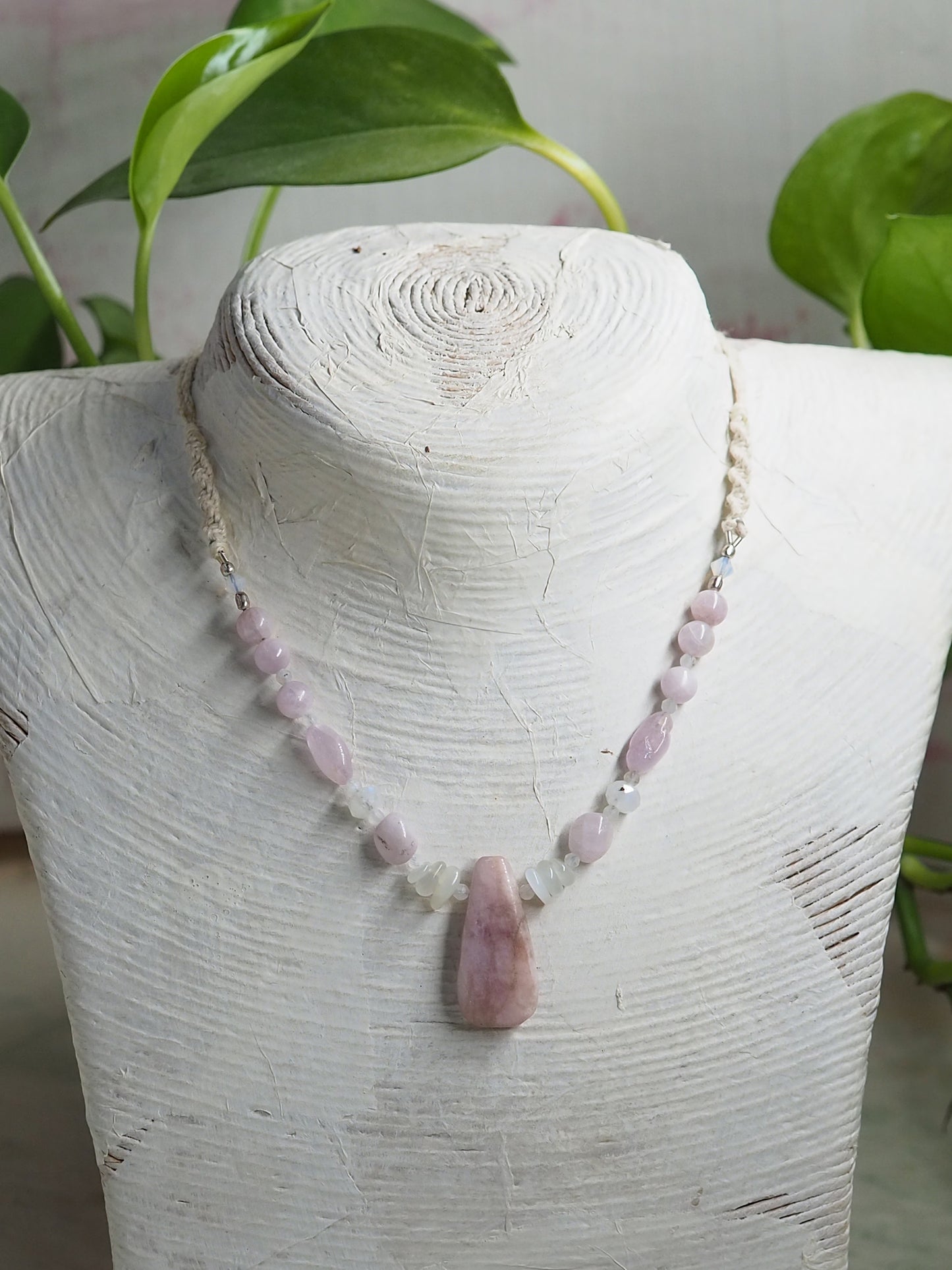 Kunzite and Rainbow Moonstone Pendant Necklace with Hand Knotted Details. ooak