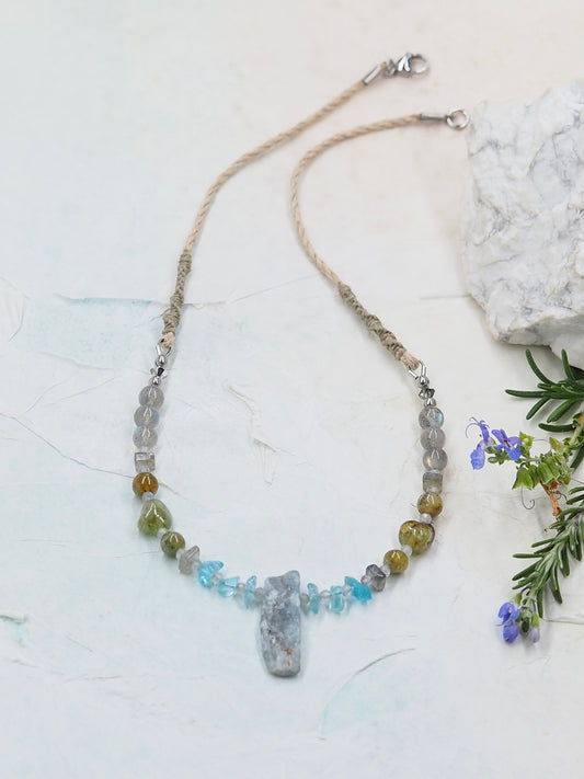 Blue Kyanite OOAK Necklace with Apatite, Green Garnet & Labradorite on Hemp