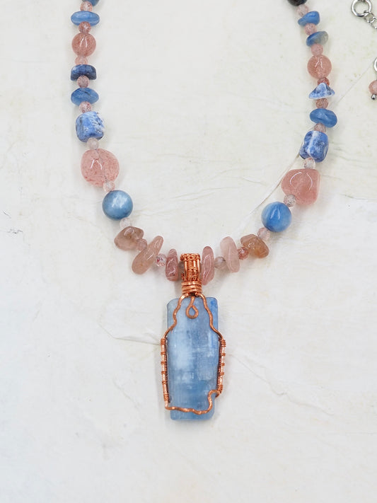 Blue Kyanite & Copper OOAK Statement Pendant Necklace with Strawberry Quartz & Sodalite