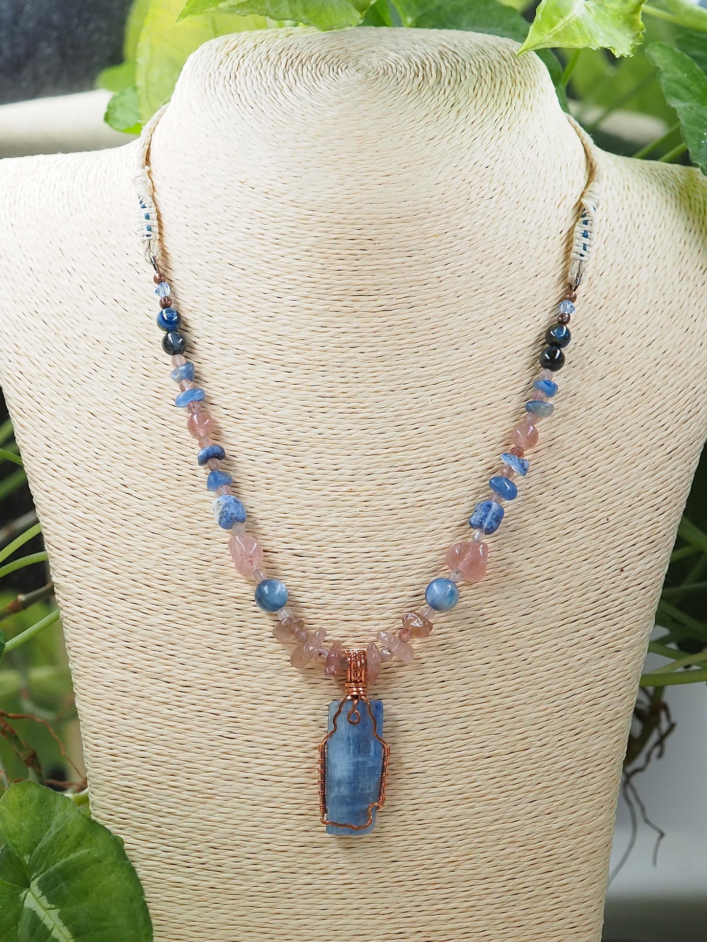 Blue Kyanite & Copper OOAK Statement Pendant Necklace with Strawberry Quartz & Sodalite