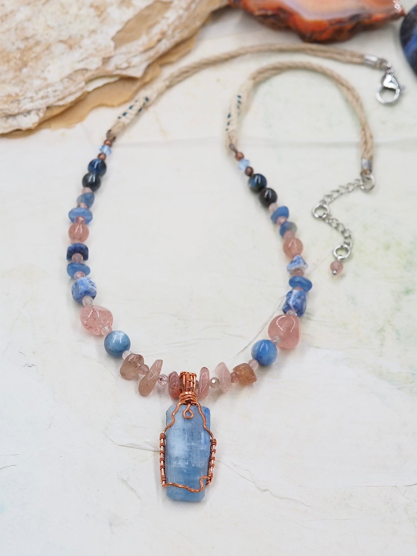 Blue Kyanite & Copper OOAK Statement Pendant Necklace with Strawberry Quartz & Sodalite