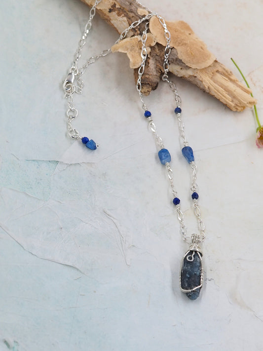 One-of-a-kind Blue Kyanite, Lapis Lazuli & Sterling Silver Pendant Necklace