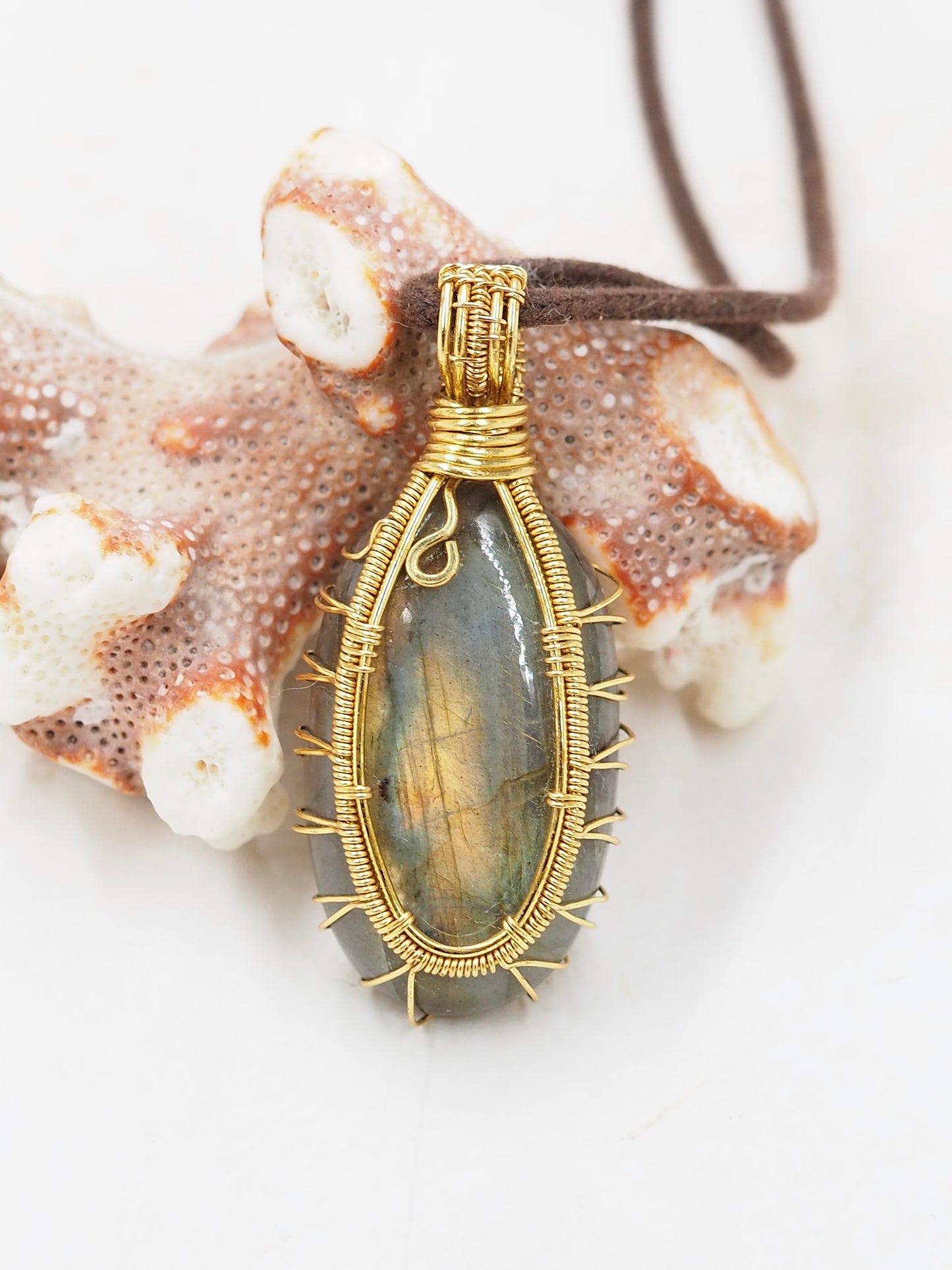 Labradorite Cabochon Pendant, Hand Wrapped with Brass