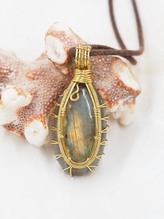 Labradorite Cabochon Pendant, Hand Wrapped with Brass