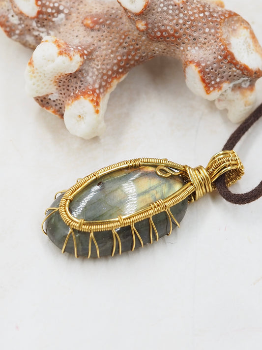 Labradorite Cabochon Pendant, Hand Wrapped with Brass