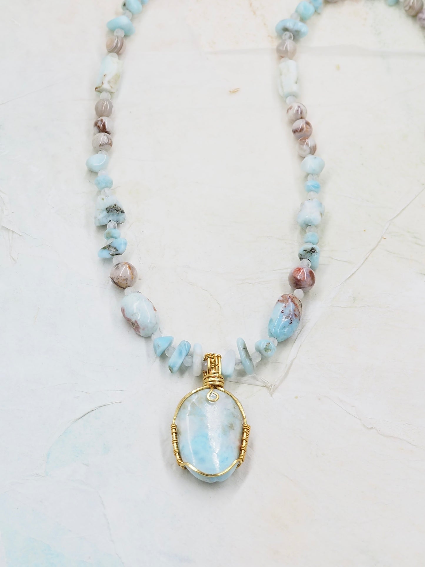 One-of-a-Kind Larimar, Rainbow Moonstone and Laguna Lace Agate Pendant Necklace