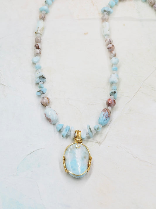 One-of-a-Kind Larimar, Rainbow Moonstone and Laguna Lace Agate Pendant Necklace