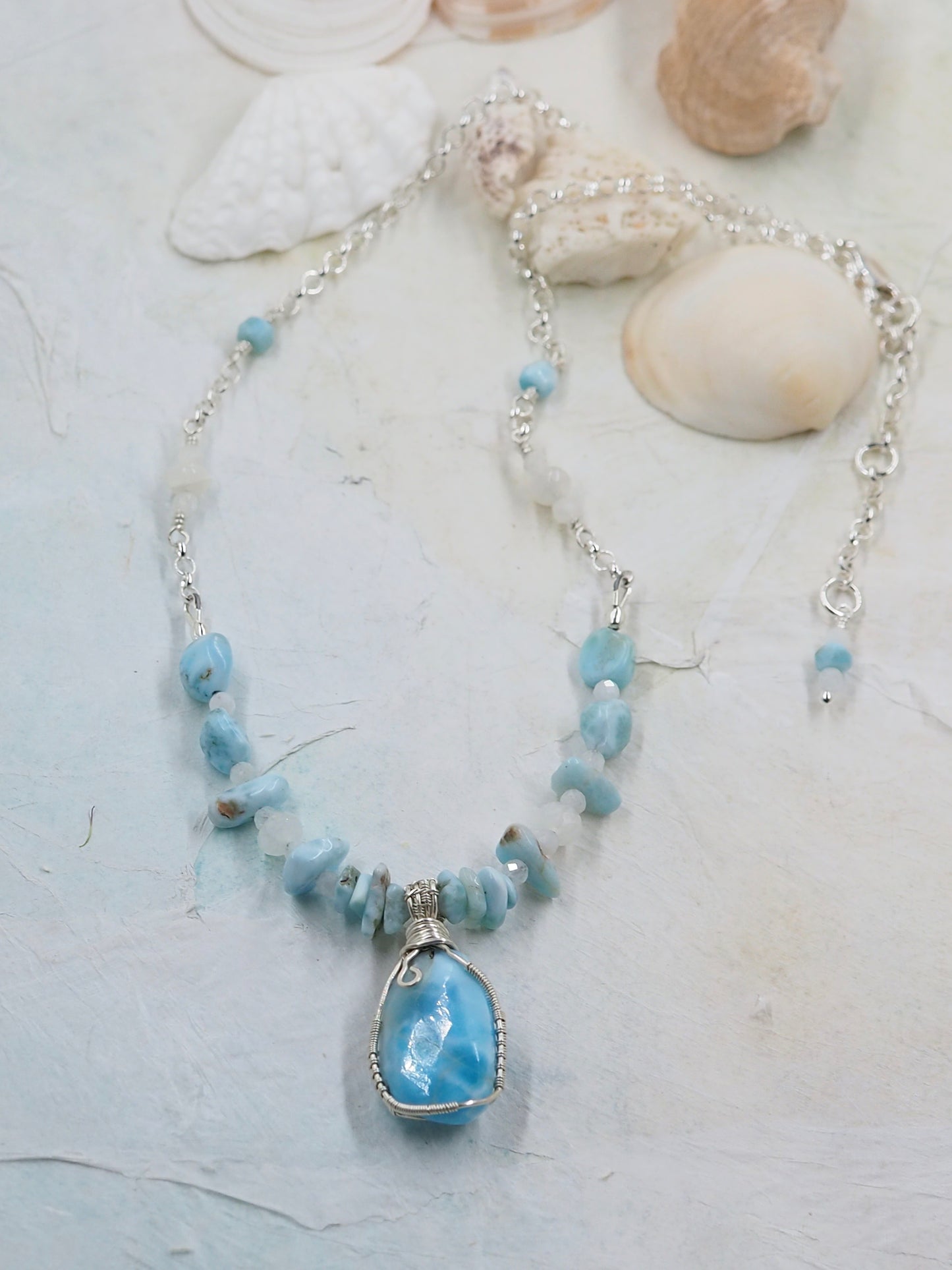 One-of-a-kind Larimar, Moonstone & Sterling Silver Hand Wrapped Pendant