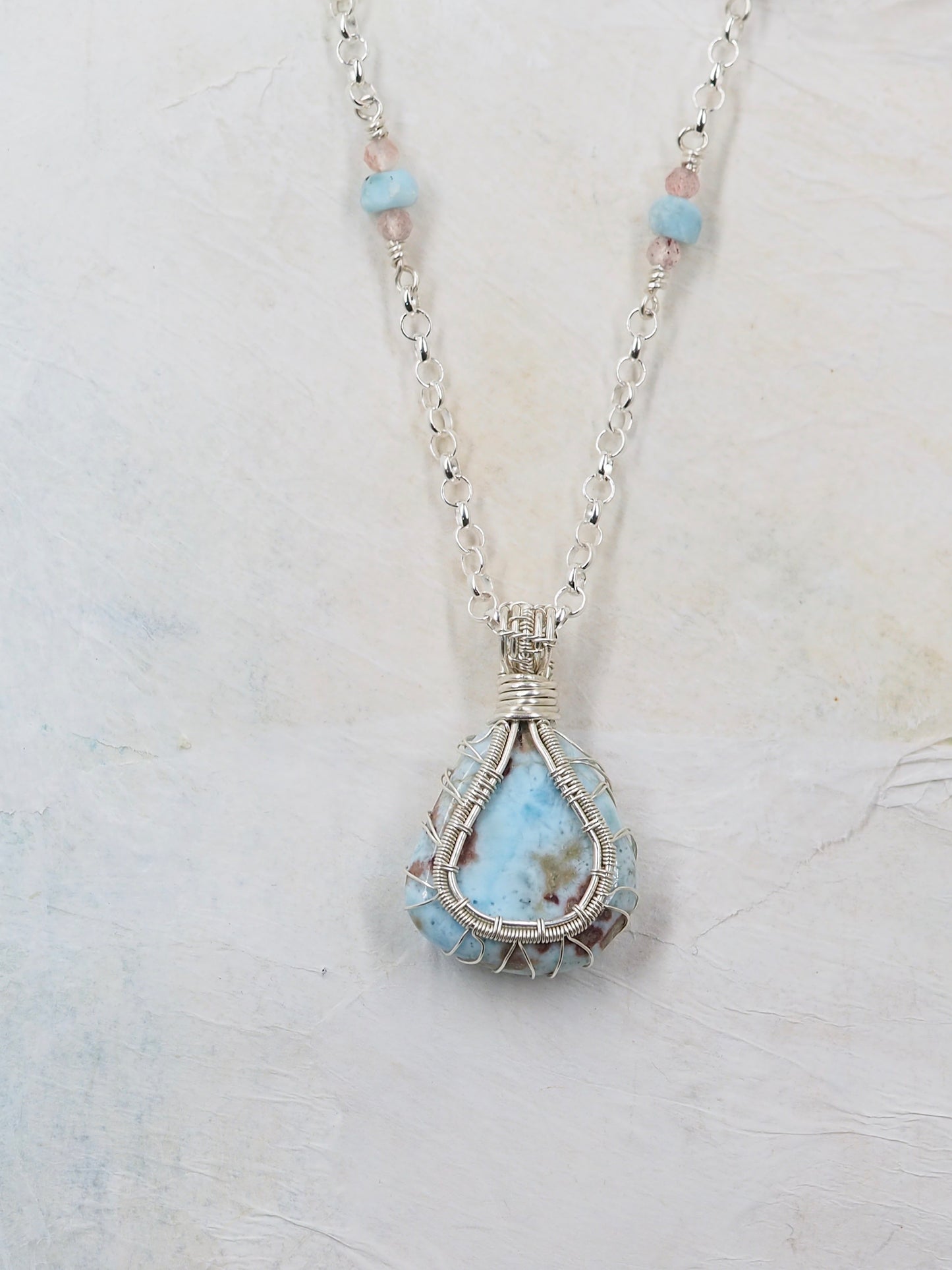 One-of-a-kind Larimar, Strawberry Quartz Crystal and Sterling Silver Pendant