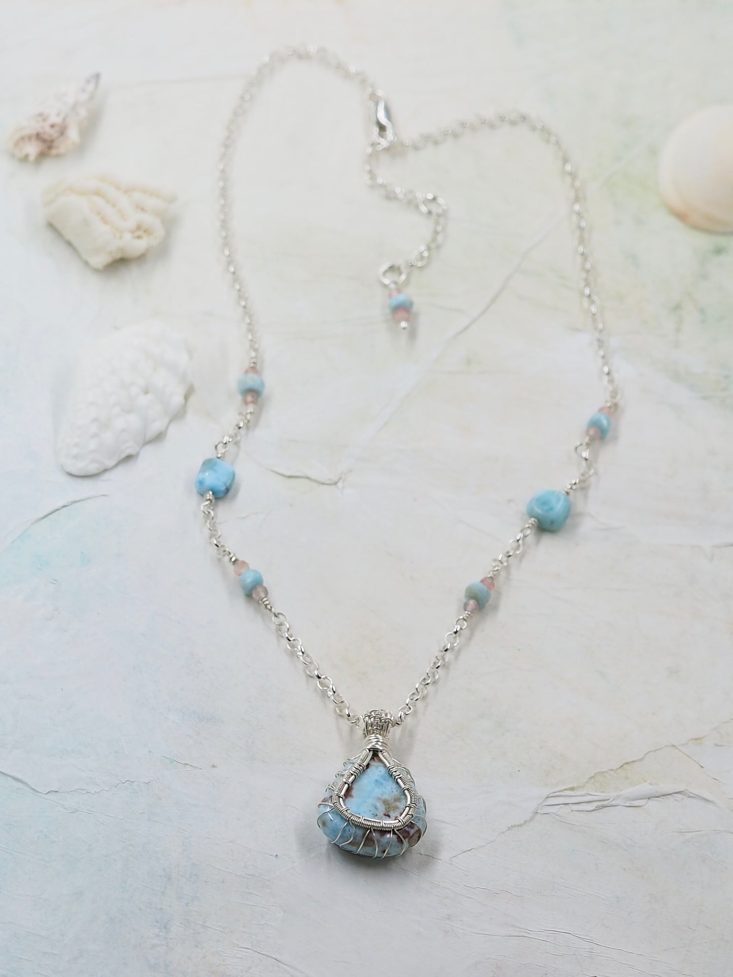 One-of-a-kind Larimar, Strawberry Quartz Crystal and Sterling Silver Pendant