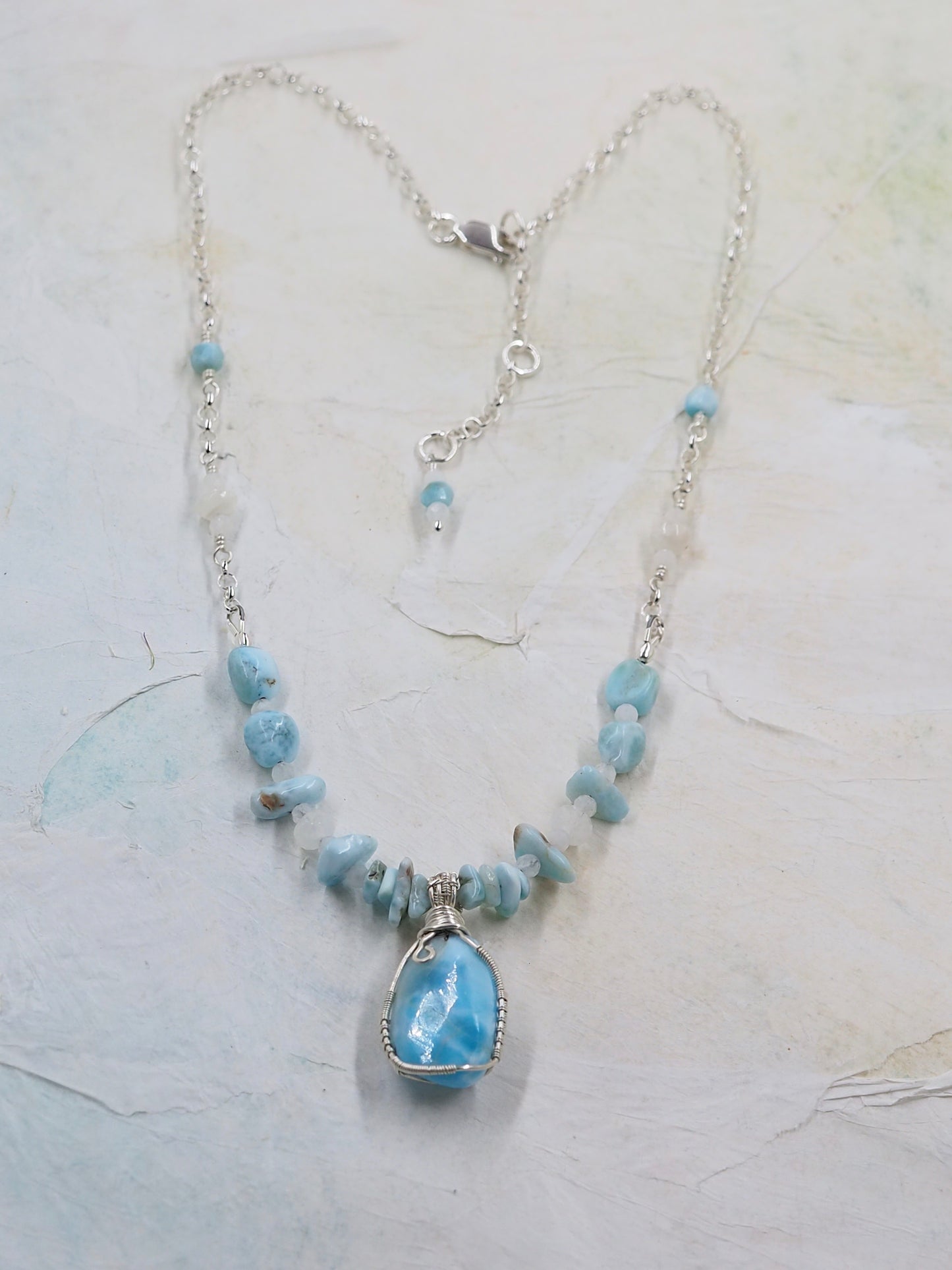 One-of-a-kind Larimar, Moonstone & Sterling Silver Hand Wrapped Pendant