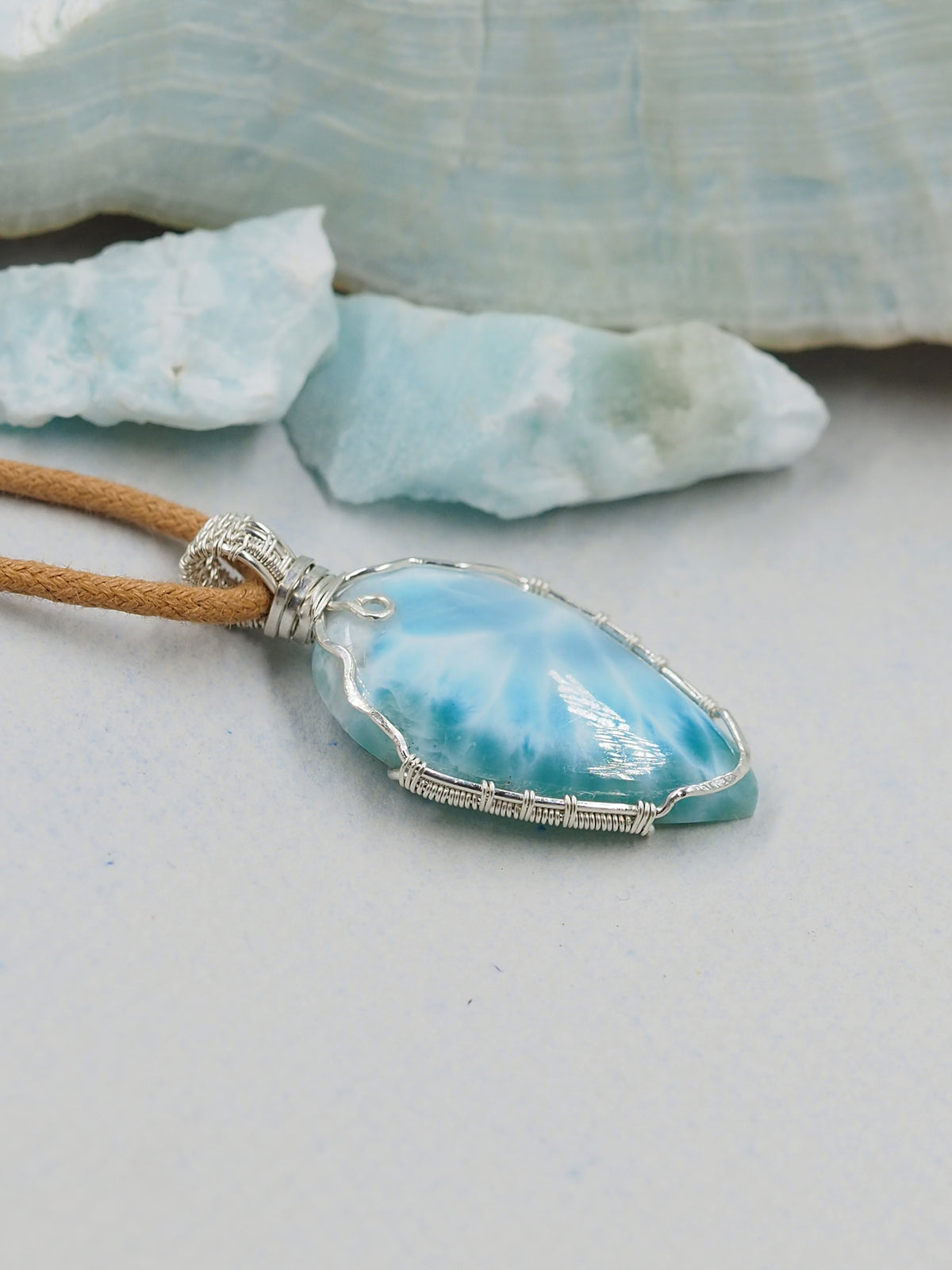 Larimar & Australian Sterling Silver Hand Wrapped Cabochon Pendant