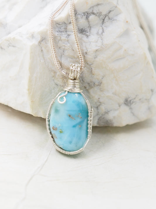 One-of-a-kind Larimar Petite Pendant Hand Wrapped with Australian Sterling Silver