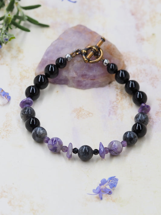Onyx & Larvikite Beaded Bracelet with Charoite & Amethyst