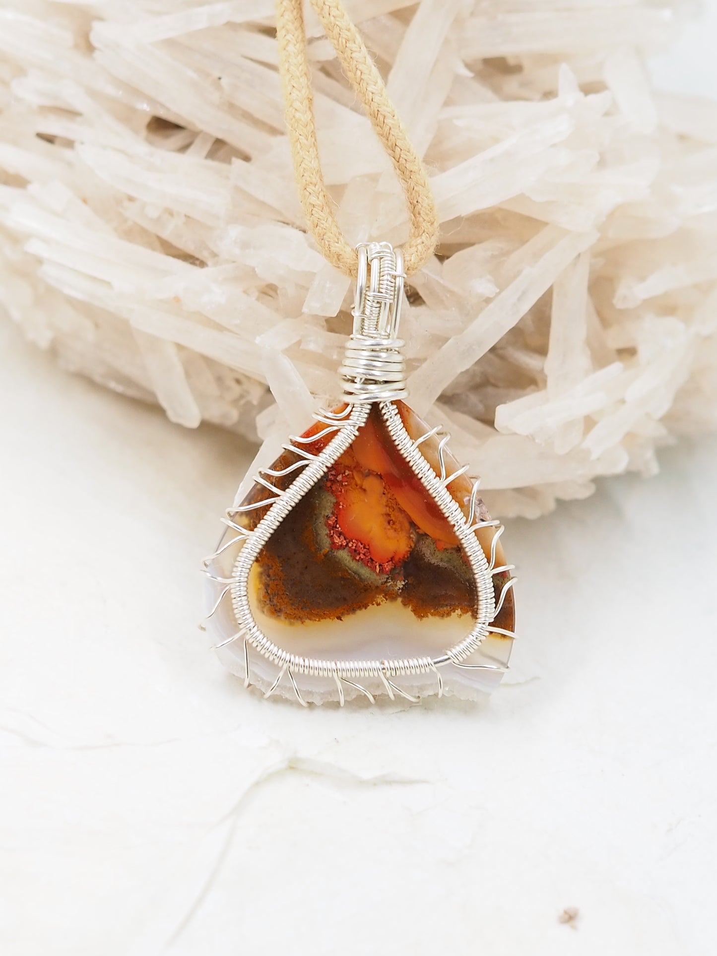 Moss Agate & Sterling Silver Pendant, with Chalcedony and Quartz Druzy