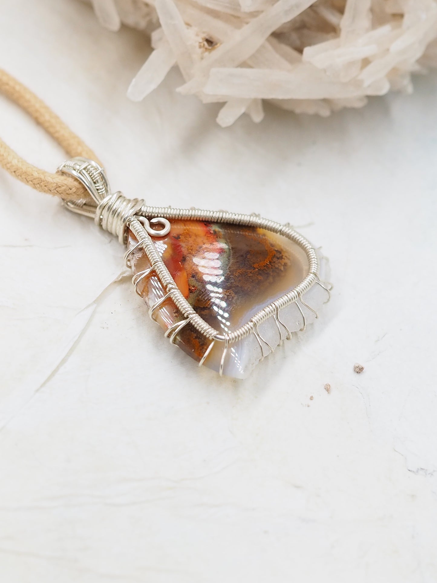 Moss Agate & Sterling Silver Pendant, with Chalcedony and Quartz Druzy