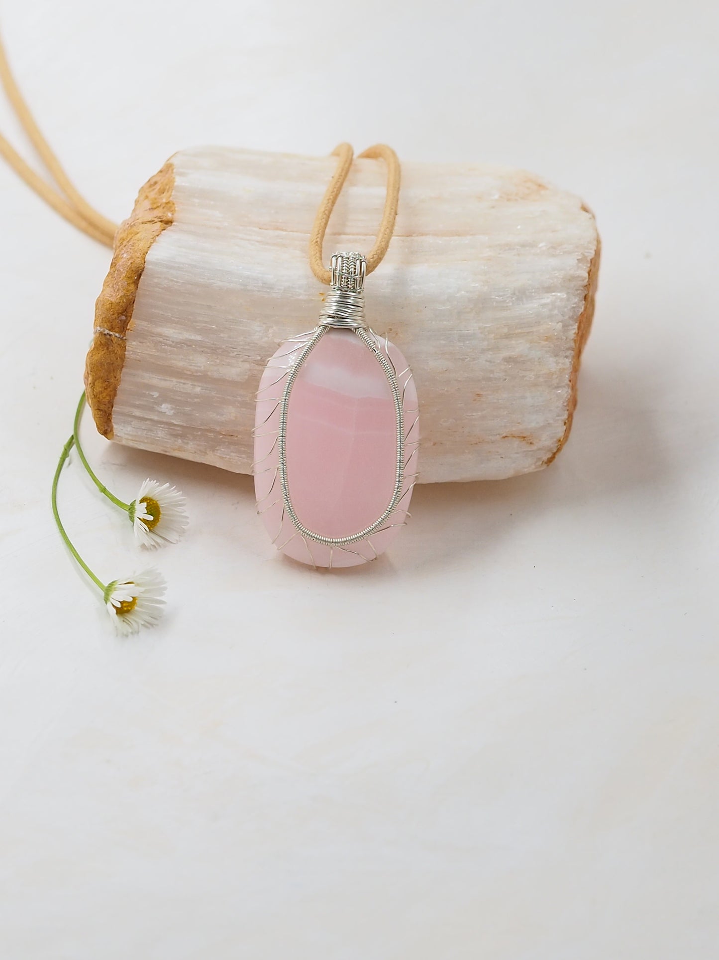 Mangano Calcite & Sterling Silver Hand Wrapped Pendant