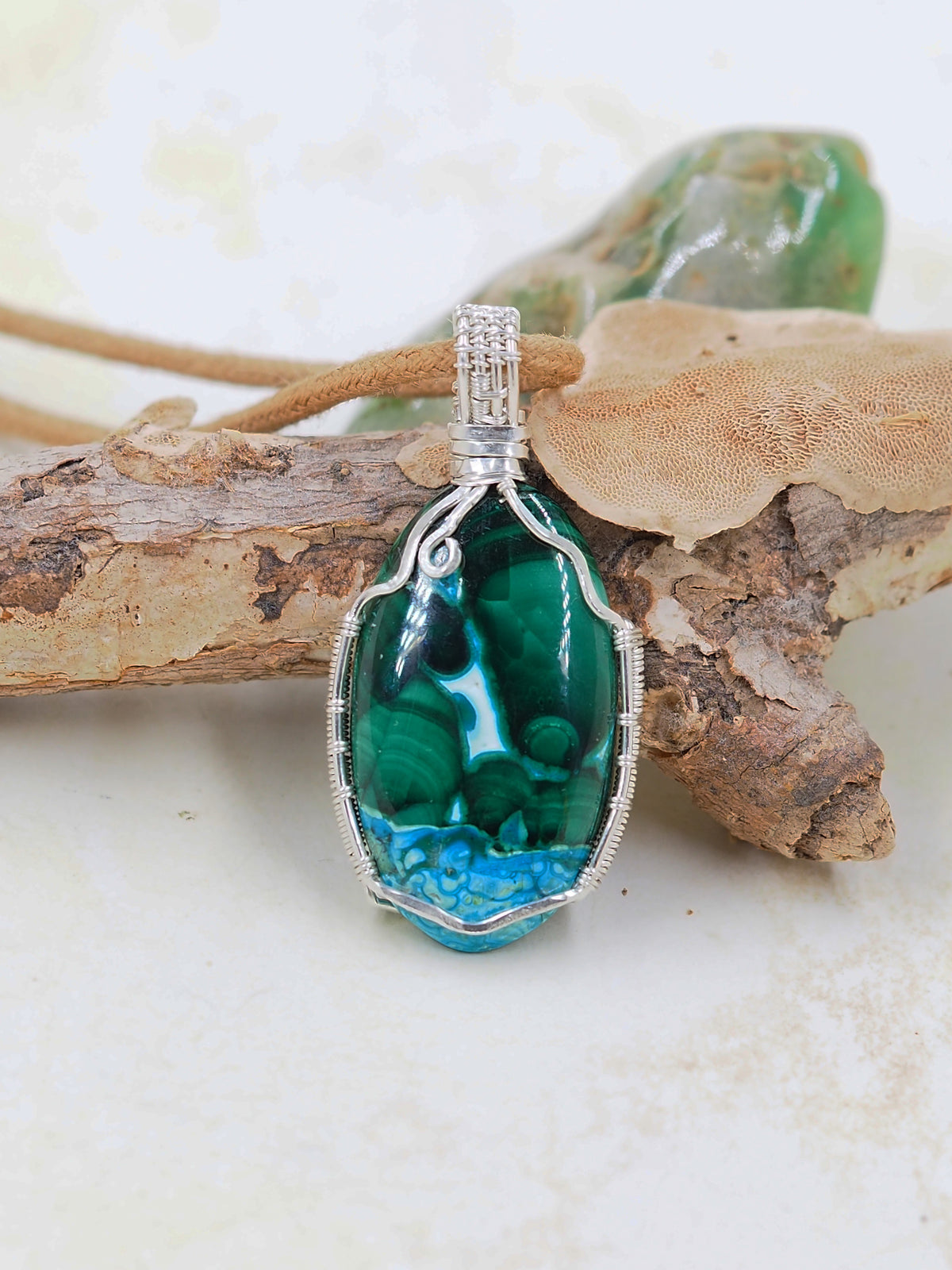 Natural Malachite & Chrysocolla Pendant Hand Wrapped with Australian Sterling Silver