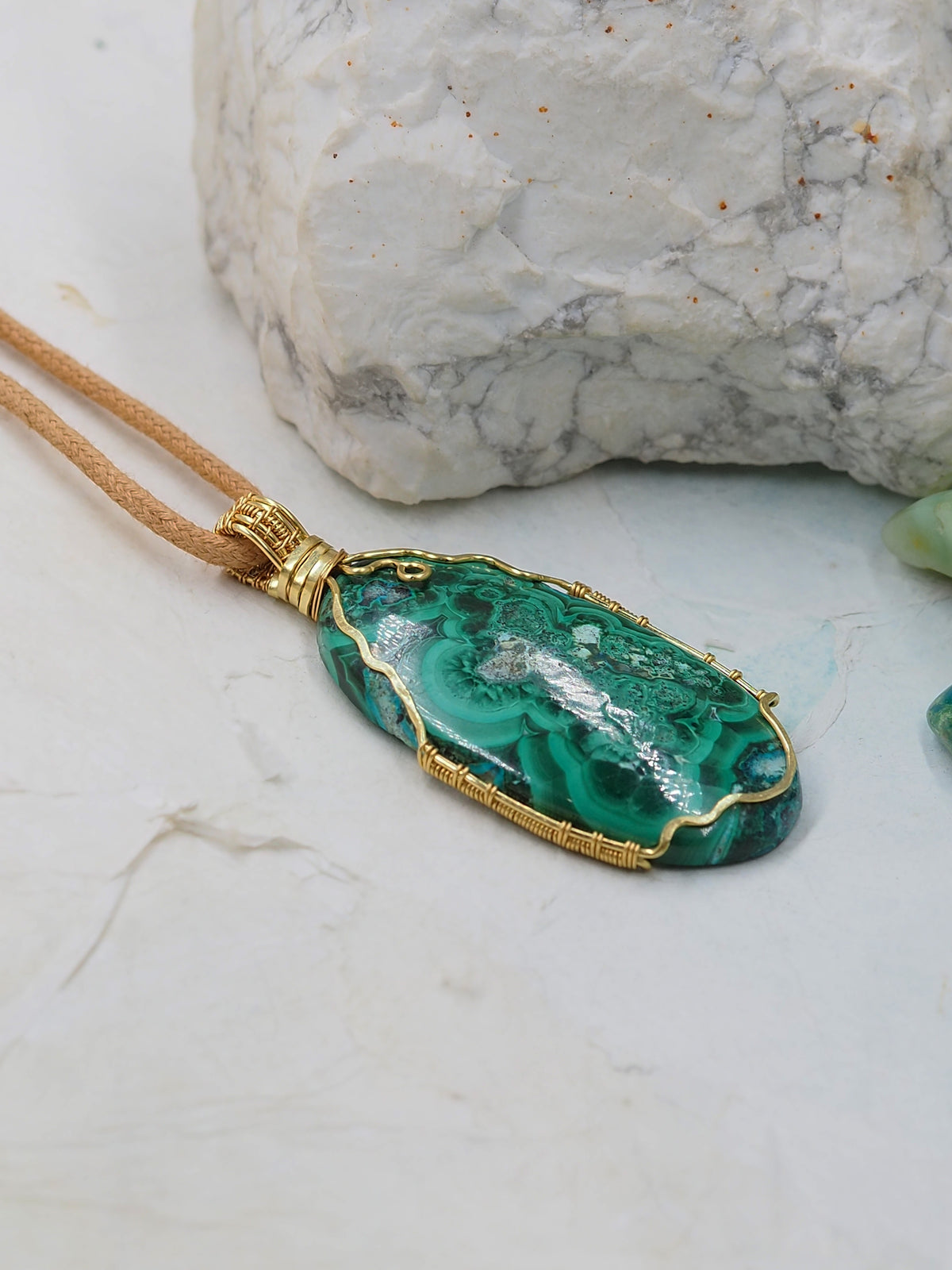 Natural Malachite & Chrysocolla Pendant Hand Wrapped with Brass