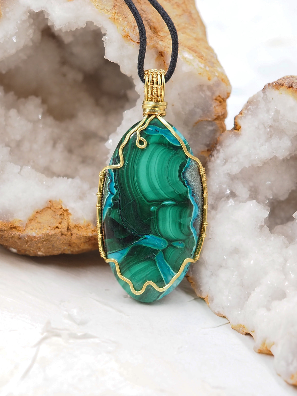 Natural Malachite & Chrysocolla Pendant Hand Wrapped with Brass