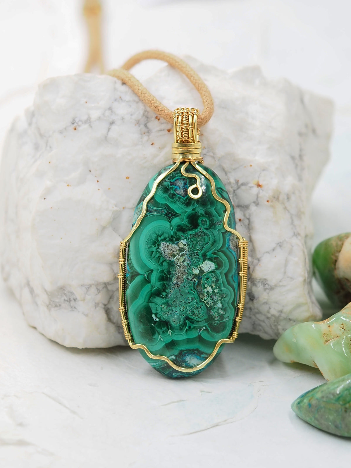 Natural Malachite & Chrysocolla Pendant Hand Wrapped with Brass