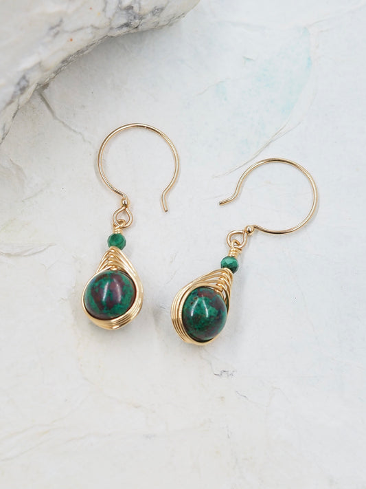 Malachite & Copper Earrings Hand Wrapped 14k Gold Filled