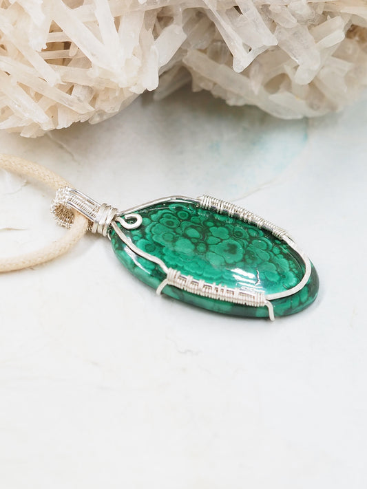 Natural Malachite & Australian Sterling Silver Hand Wrapped Pendant