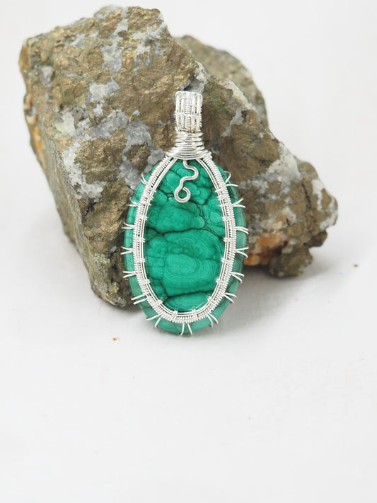 Natural Malachite & Sterling Silver Hand Wrapped Pendant