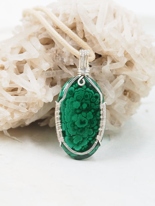 Natural Malachite & Australian Sterling Silver Hand Wrapped Pendant
