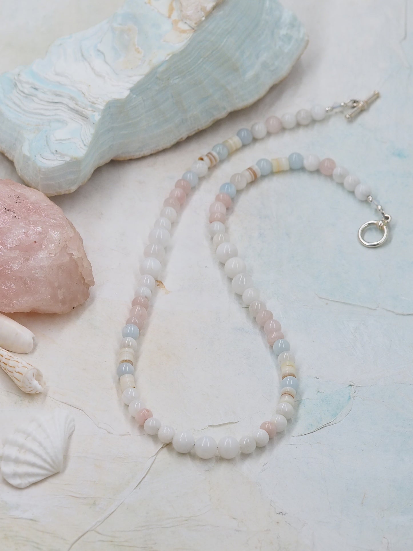 White Rainbow Moonstone, Aquamarine and Rose Quartz Hand Strung Necklace