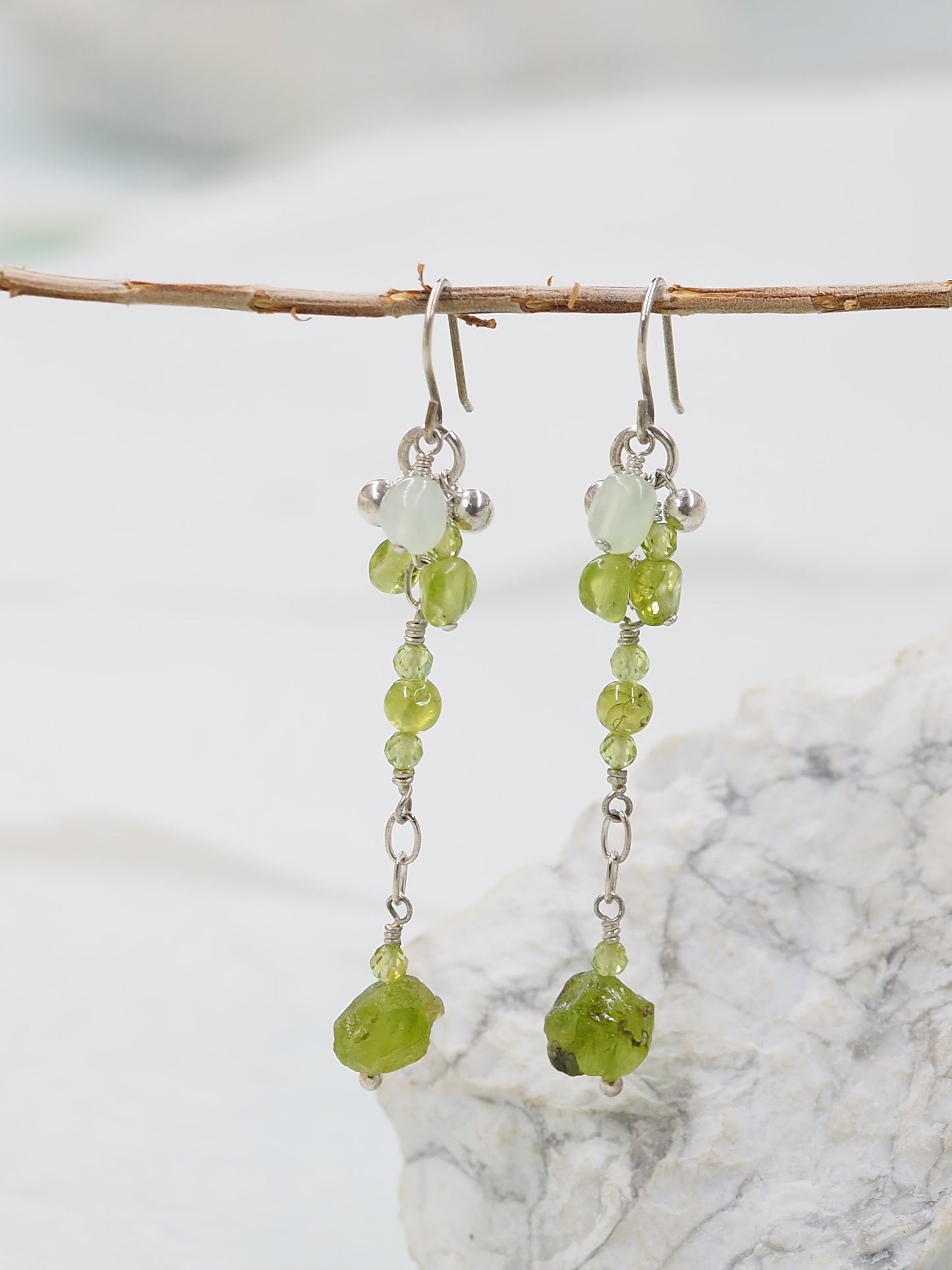 One Of a Kind Peridot & Serpentine Long Drop Sterling Silver Earrings
