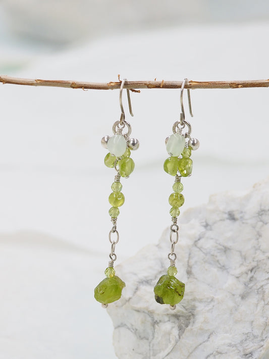 One Of a Kind Peridot & Serpentine Long Drop Sterling Silver Earrings
