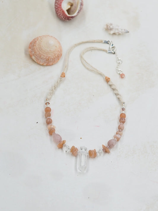 Clear Quartz Crystal, Sunstone & Strawberry Quartz OOAK Necklace with Hand knotted hemp