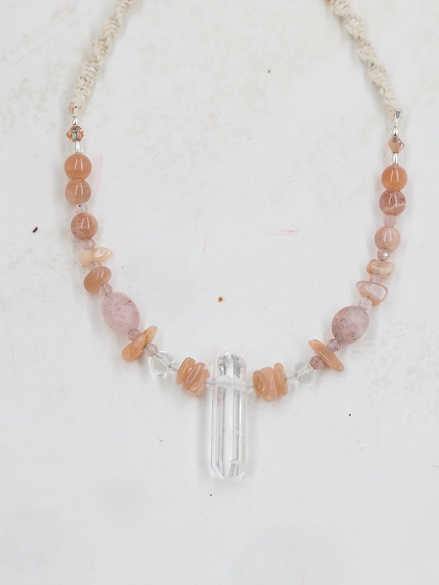 Clear Quartz Crystal, Sunstone & Strawberry Quartz OOAK Necklace with Hand knotted hemp