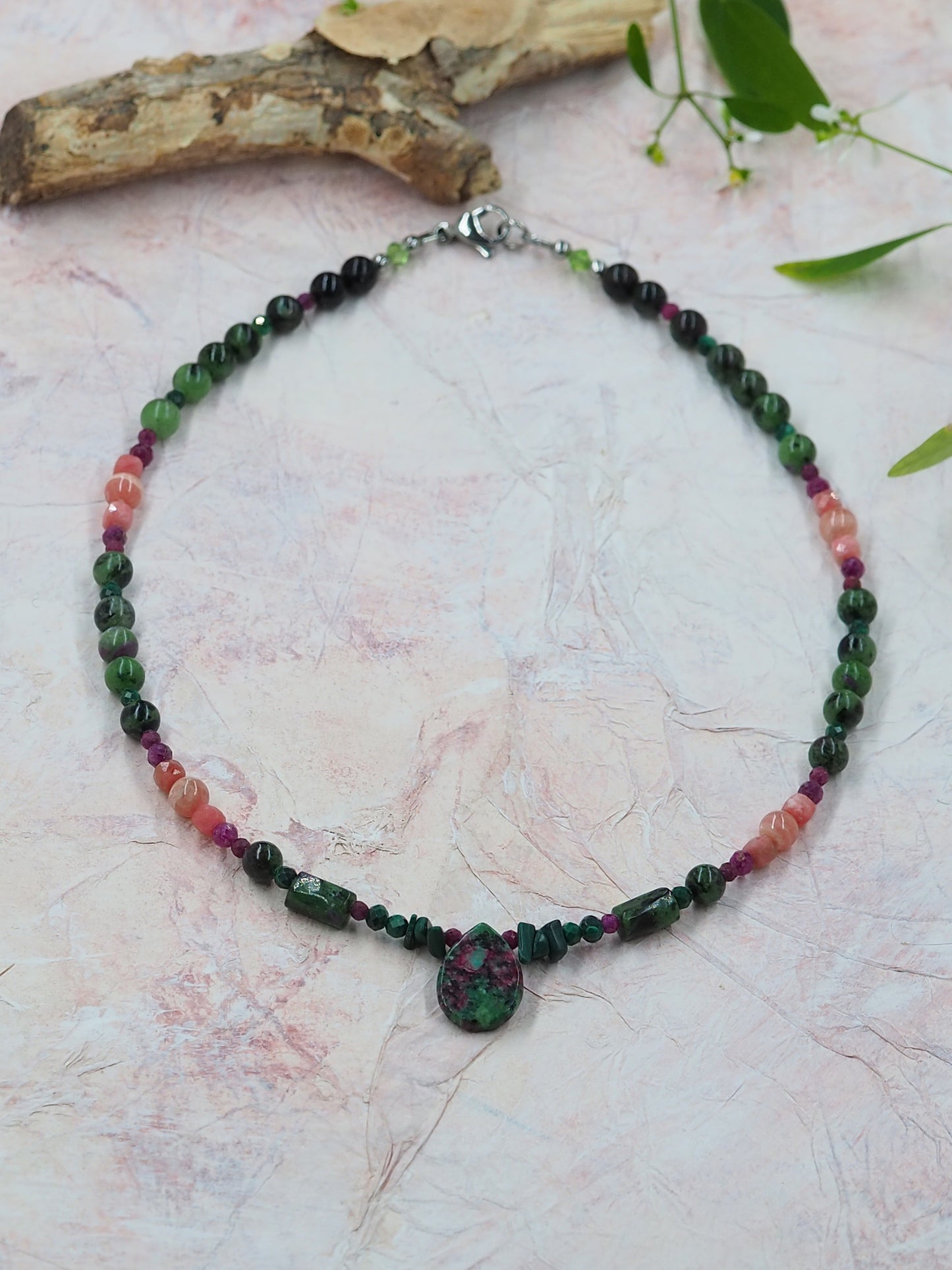 Ruby in Zoisite, Rhodochrosite & Malachite ooak Choker