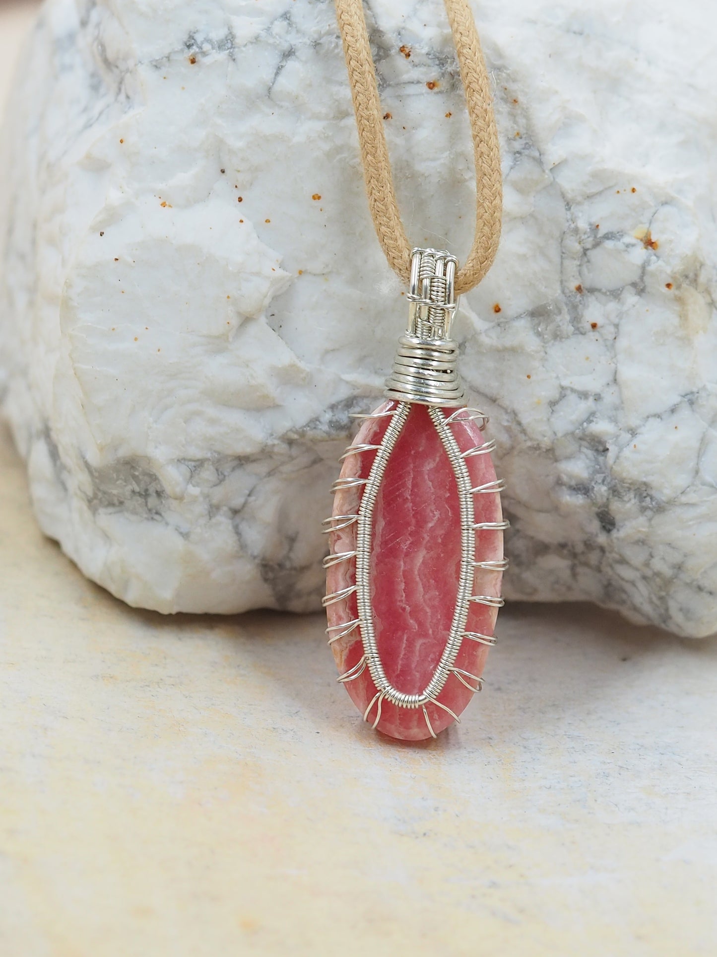 Hand Wrapped Rhodochrosite Pendant