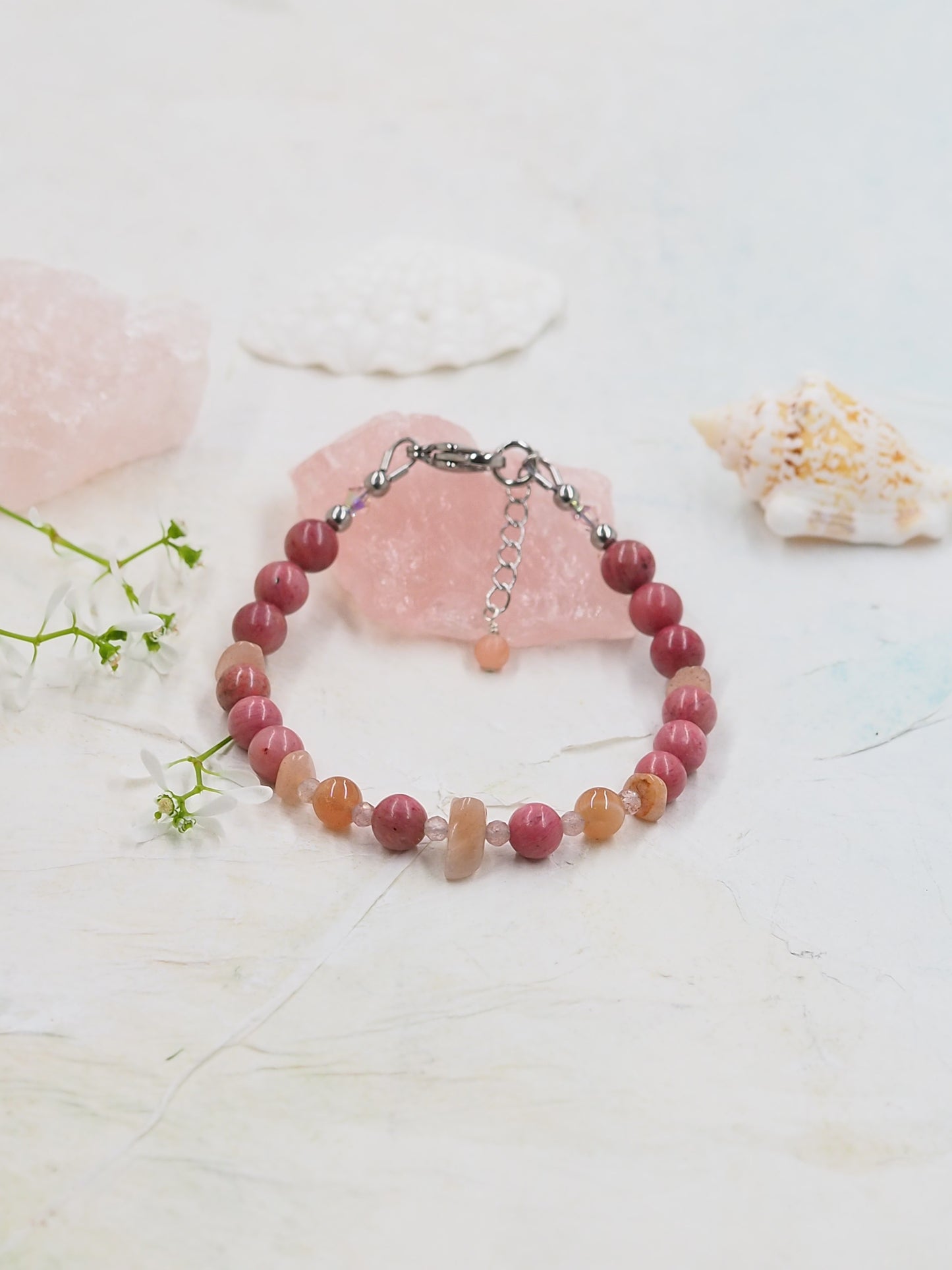 Rhodonite, Sunstone & Strawberry Quartz Crystal Slender Bracelet