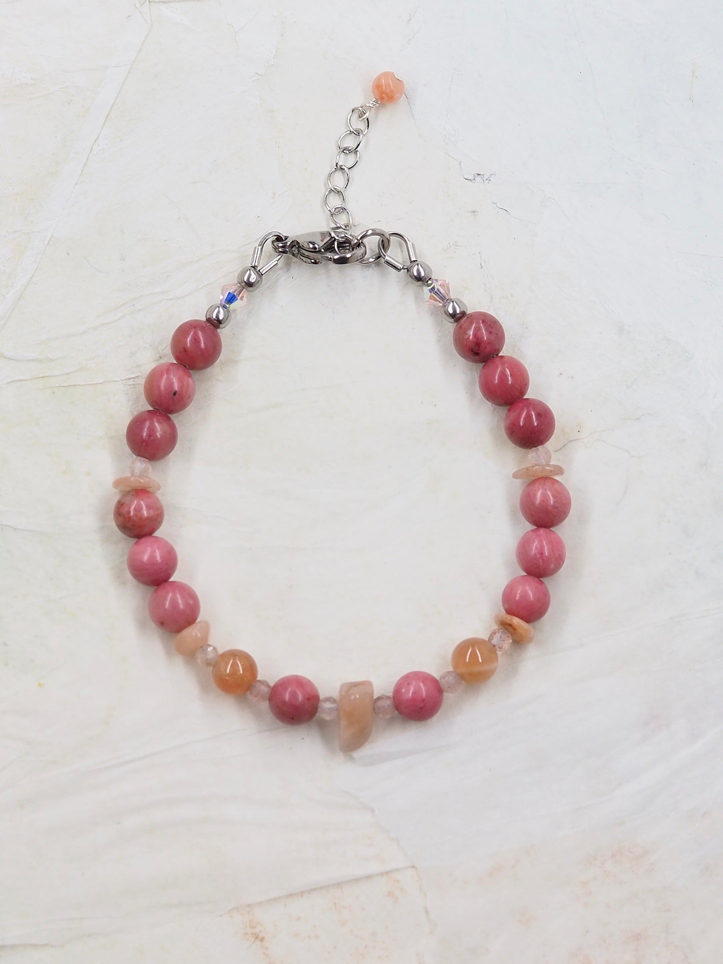 Rhodonite, Sunstone & Strawberry Quartz Crystal Slender Bracelet