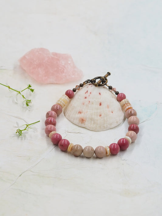 Rhodonite Classic Hand Beaded Bracelet with Shell Heishe Accents