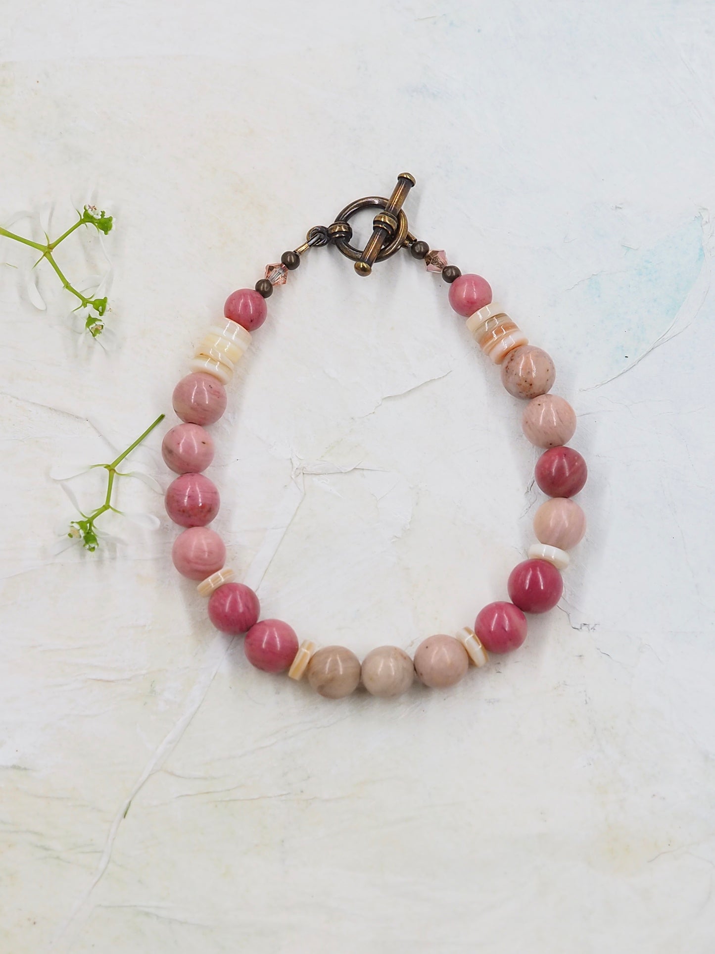 Rhodonite Classic Hand Beaded Bracelet with Shell Heishe Accents