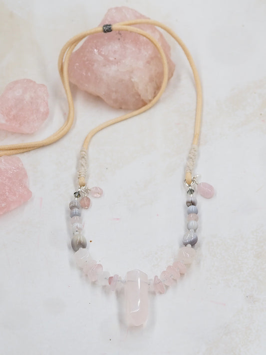 Rose Quartz Adjustable Pendant Necklace with Botswana Pink Agate, Moonstone and Luhanos Shell