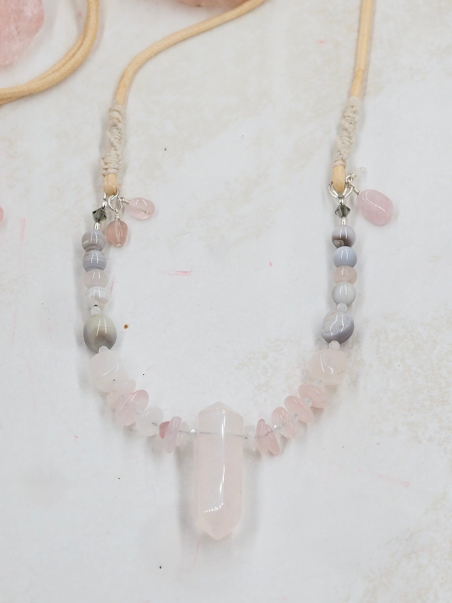 Rose Quartz Adjustable Pendant Necklace with Botswana Pink Agate, Moonstone and Luhanos Shell